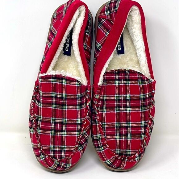 Land\'s End Men’s Holiday Plaid Flannel Moccasin Slippers, NWOT, men’s US 9B main image 9